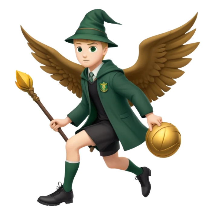 A muscular strong Slytherin student in final year without hat, sitting on a broomstick between his legs, chasing after a golden snitch sticker