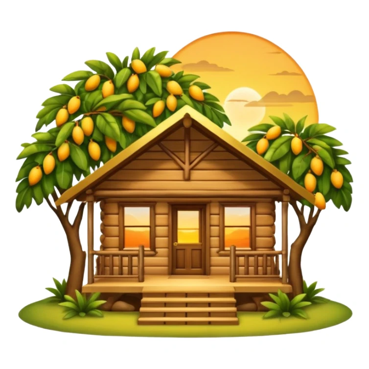 Warm wooden cabin with front porch under a mango tree branch, sunset sky in the background. Cozy, peaceful, emoji-style with soft edges and golden tones. sticker
