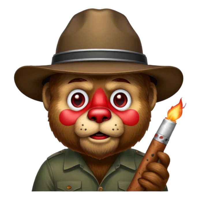 Smokey the bear with blooshot eyes holding a joint sticker
