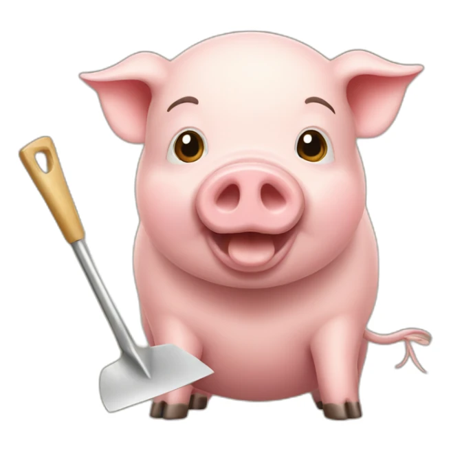 A pig with a shovel eating cheese sticker