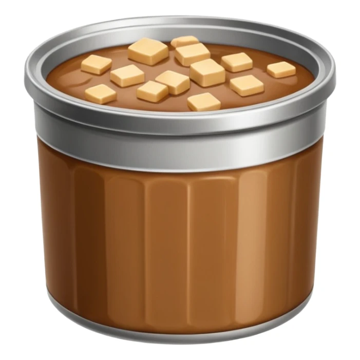 open metal can filled with soft moist chunks or smooth pâté in natural brown tones, slightly glossy gelatinous surface, clean edge, no label, no pet, spoon, or bowl, just the open can and contents, apple emoji style, soft lighting, subtle shadows, transparent background, emoji scale sticker