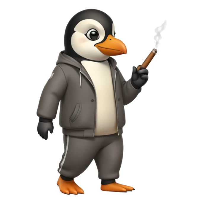 friendly anthropomorphised penguin wearing a mafia-style tracksuit, holding a cigar, secretive scheming pose, angry expression, walking with determined stride sticker