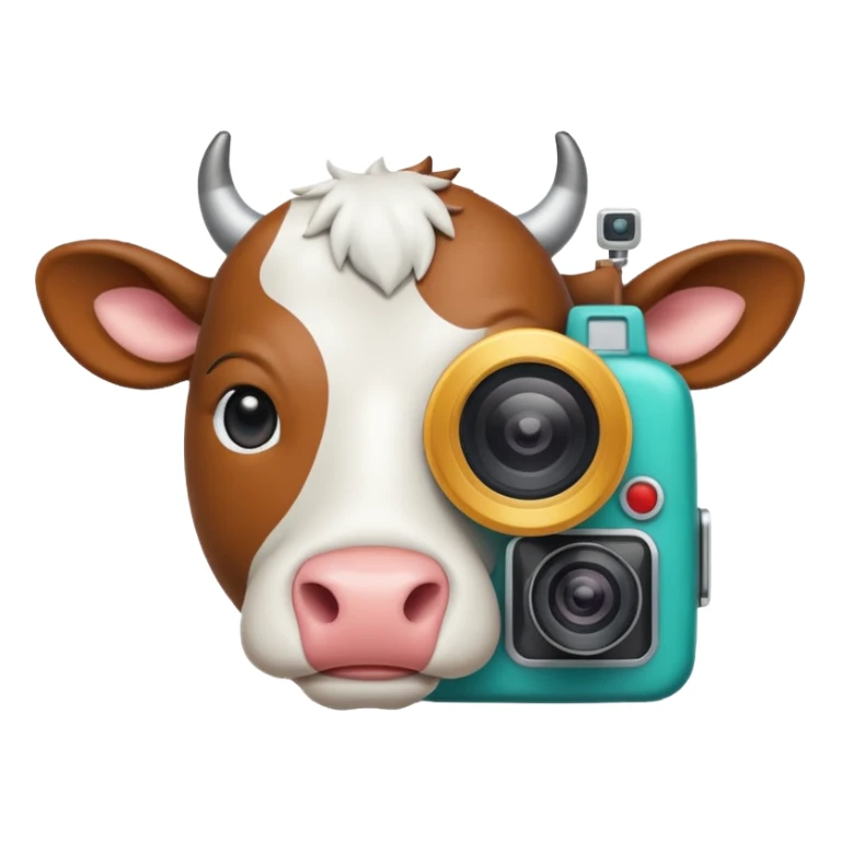 Emoji-style icon of a cow and buffalo with a camera or scan frame, representing image upload for breed detection. Simple, friendly, rounded design, clear at small sizes, teal and white accents, no text, transparent background. sticker