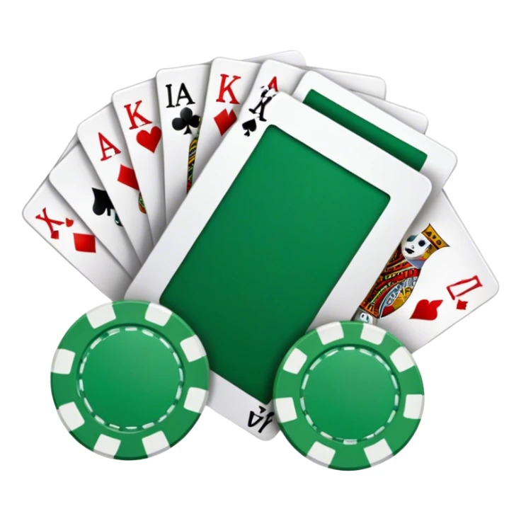 A photorealistic icon featuring playing cards and a stack of poker chips on a green felt table. Bright, detailed design with realistic textures and lighting. Transparent background, clearly symbolizing card games and strategy. sticker