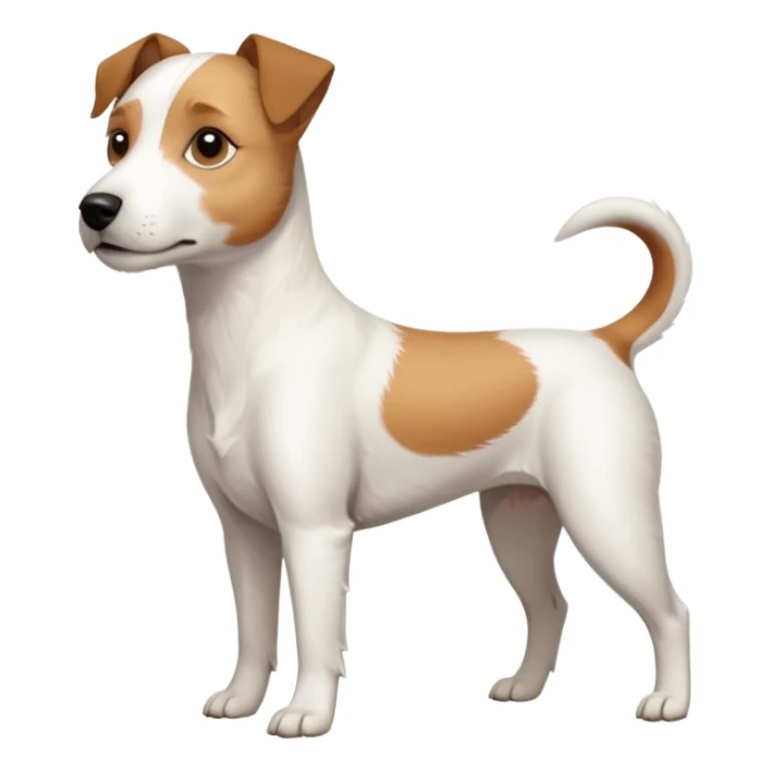 a full body slightly chubby white parson russell terrier looking dog the size of a kelpie with light brown long ears and a light brown patch on one eye and a large snout sticker