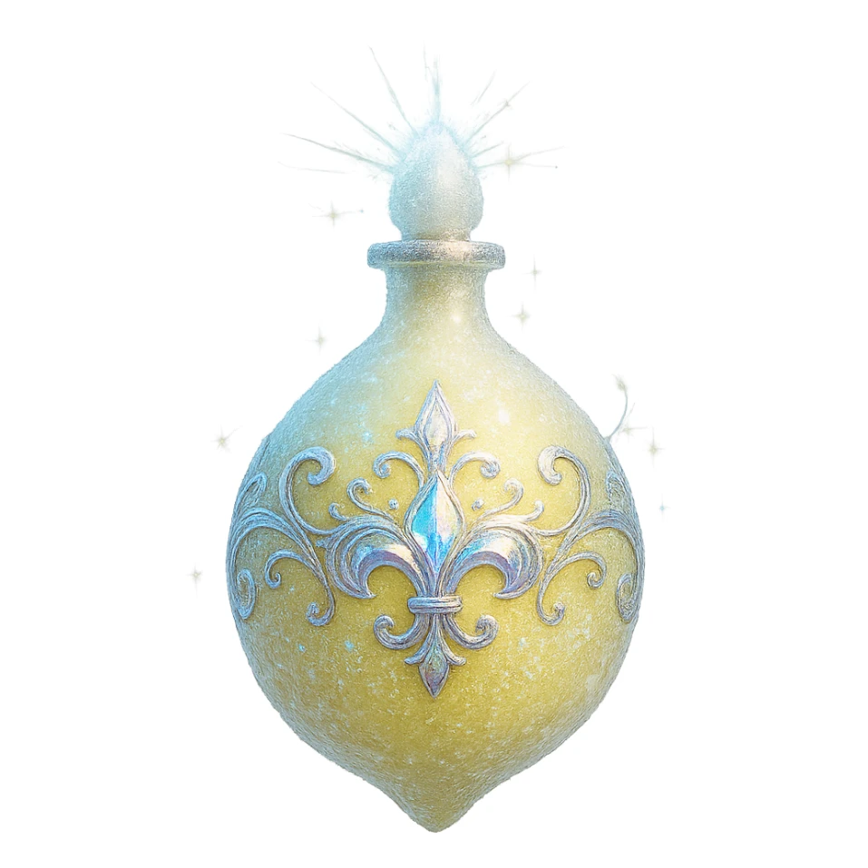 modernus prabangus eliksyro buteliukas, šaldytos citrinos forma, šerkšnas, šviesiai geltona spalva, dar stipresni holografiniai ir sidabriniai ornamentai, itin ryškūs magiški švytėjimai ir efektai, labai mažas kaklelis, skaidrus fonas, vientisas dugnas, be šešėlio, plūduriuoja ore, kolekcijos stilius sticker