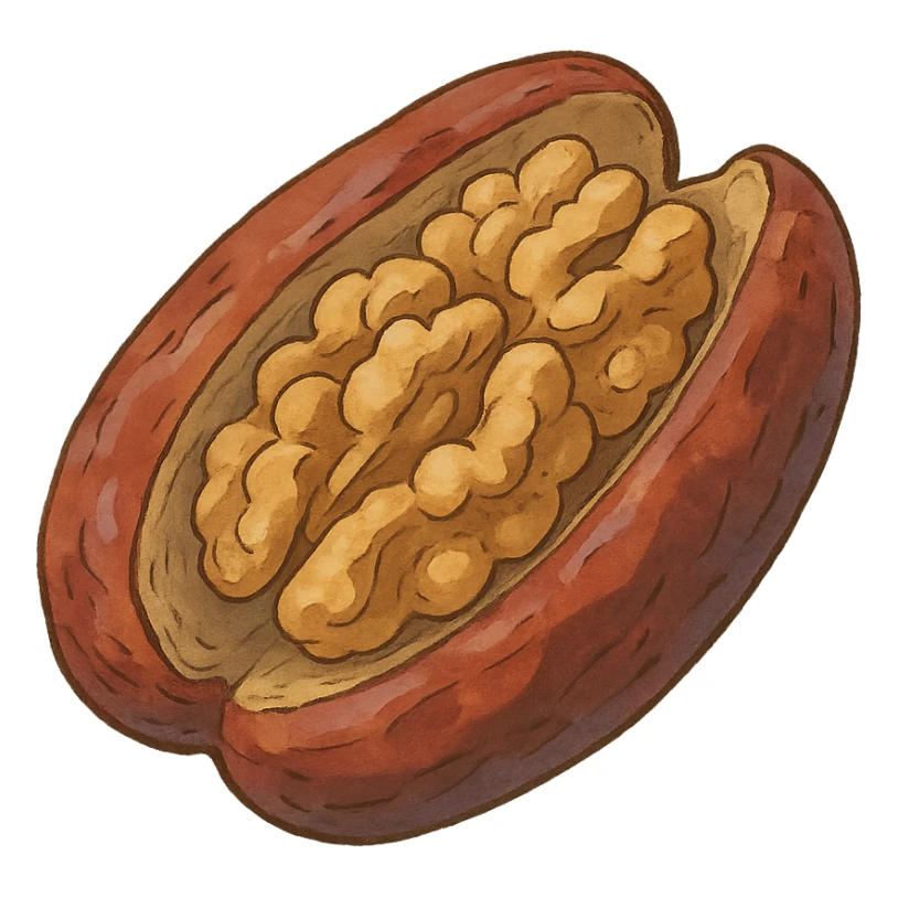 ghibli style illustration of a date fruit split open with walnuts inside sticker