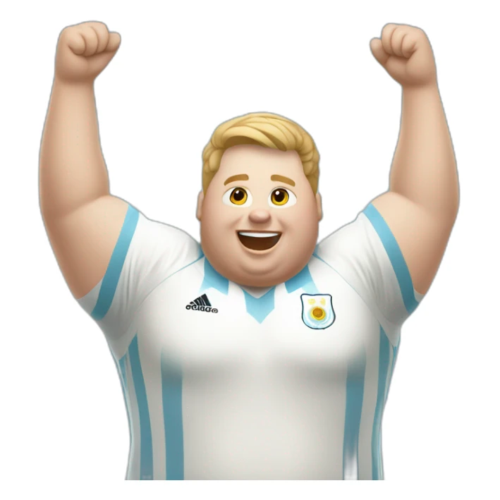 Short hair, obese white man jumping. argentina team uniform. Hands up sticker