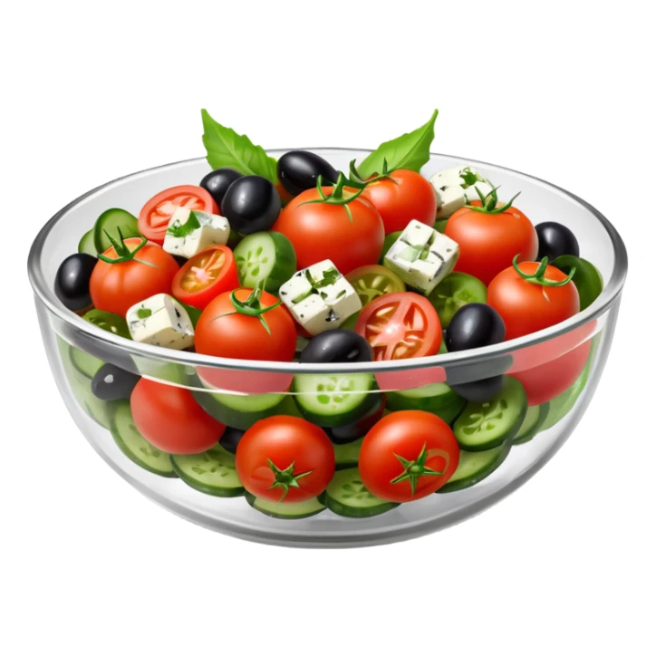 mediterranean salad bowl object icon, served in a transparent glass bowl, tomatoes, cucumbers, olives, feta cheese, olive oil dressing, glossy fresh look, 3D cartoon, mobile game icon style, centered, clean background, soft shadow, no text, no watermark sticker