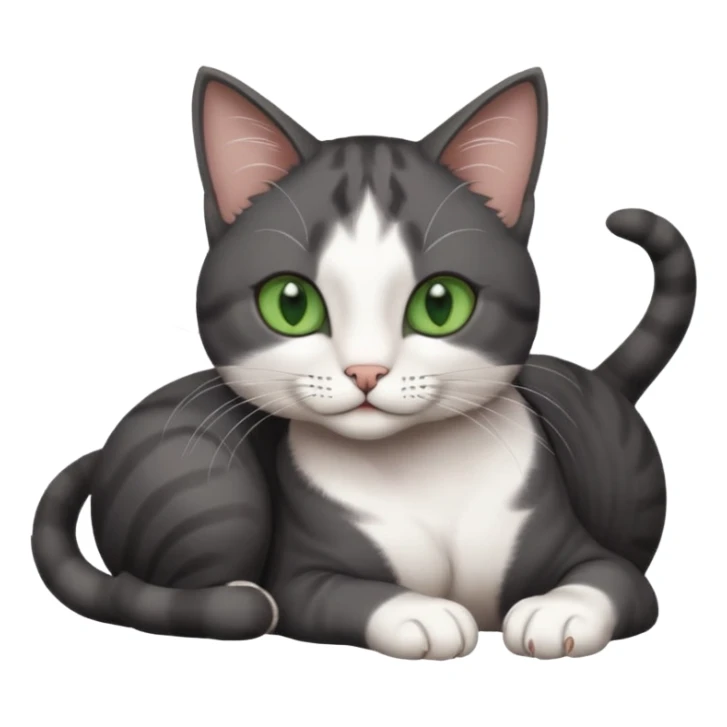 beautiful female solid dark grey cat with green eyes, white toes/paws and white patch on her chest rolling over sticker