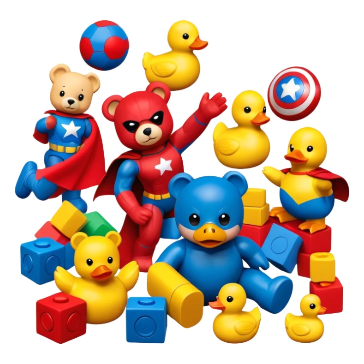 various colorful toys scattered together - teddy bear, rubber duck, toy blocks, ball, and action figures sticker
