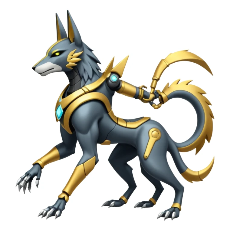 White and gold cyberpunk intricate neon glowing grey white futuristic cyborg-Anubis-Zeraora-Zoroark-fusion (full body) sticker