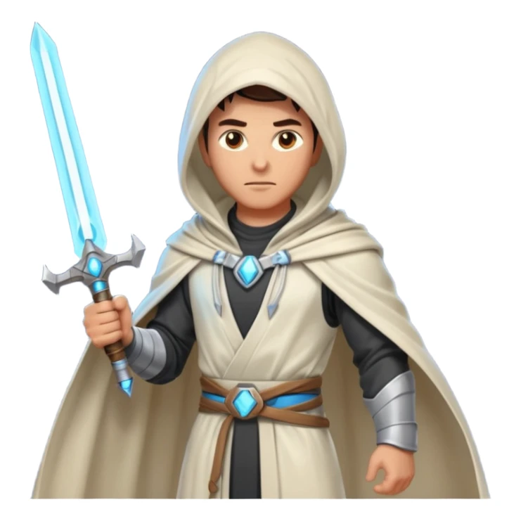 sci-fi space warrior human, glowing energy sword, hooded robe, heroic stance, 3D cartoon, mobile game character icon, clean background, no text
 sticker