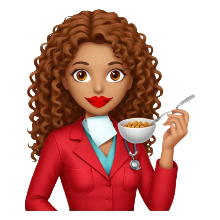 Sensual Spanish Lilith core evil surgeon.red outfit.  Surgeon has hazel eyes. Her hair is BROWN. Hair is also  long and  curly. wearing a sexy surgeon outfit with platform heels.she is a calculated smart cereal killer. She covers only her mouth and nose to hide identity  sticker