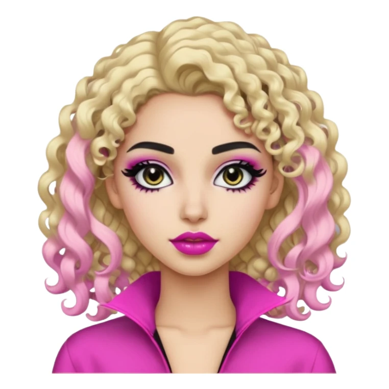 Pale Saudi beauty, pretty baddie, black eyeliner pink lips, split dye leftside blonde rightside black curly hair sticker