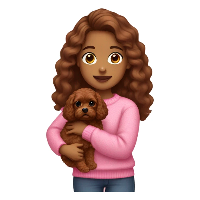 Hispanic girl holding all brown Cavapoo with pink sweaters on sticker