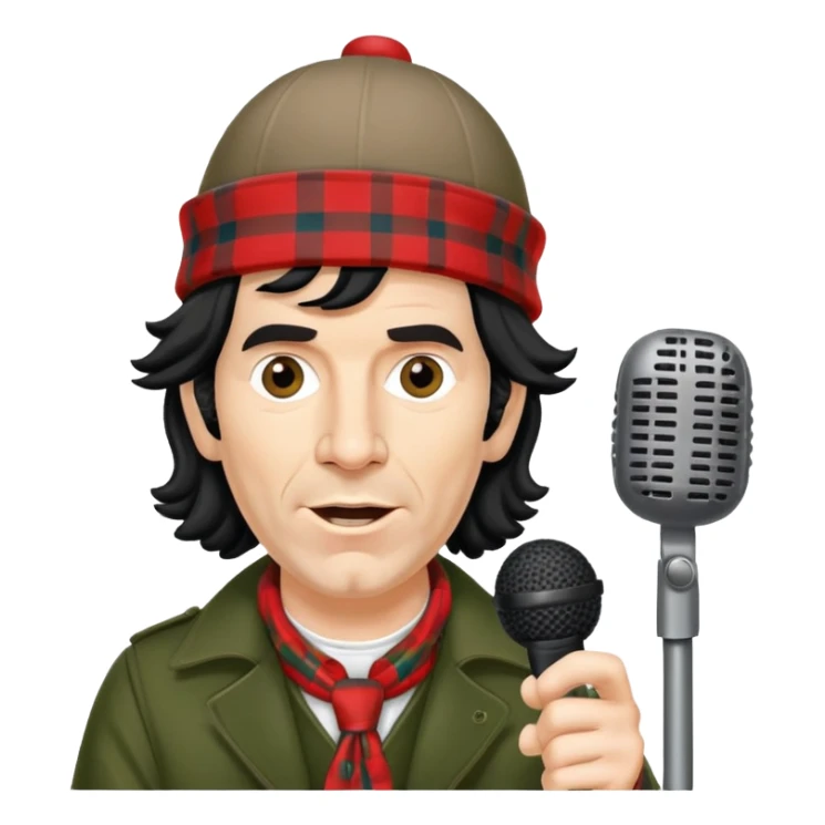Nardwuar with his iconic tam o' shanter hat and microphone sticker