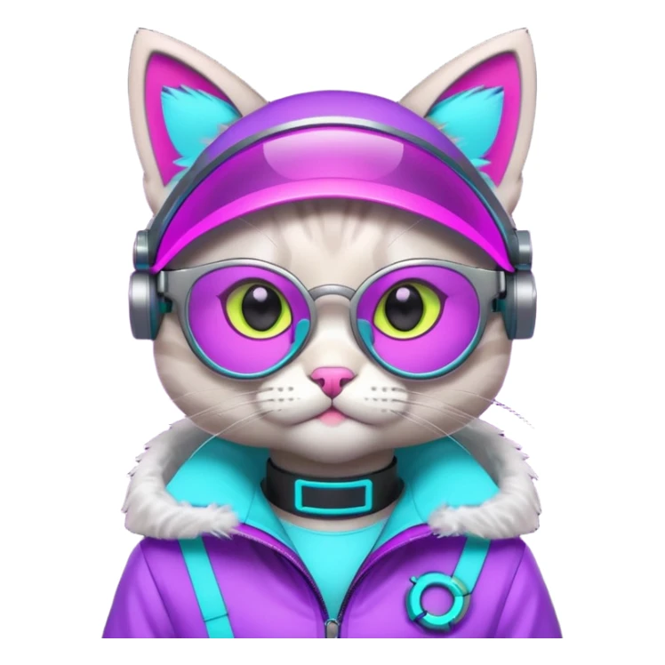 cute cyberpunk cat, neon visor glasses, tech jacket, glowing collar, purple and cyan neon accents, 3D cartoon, mobile game icon style, clean background, no text, no watermark
 sticker