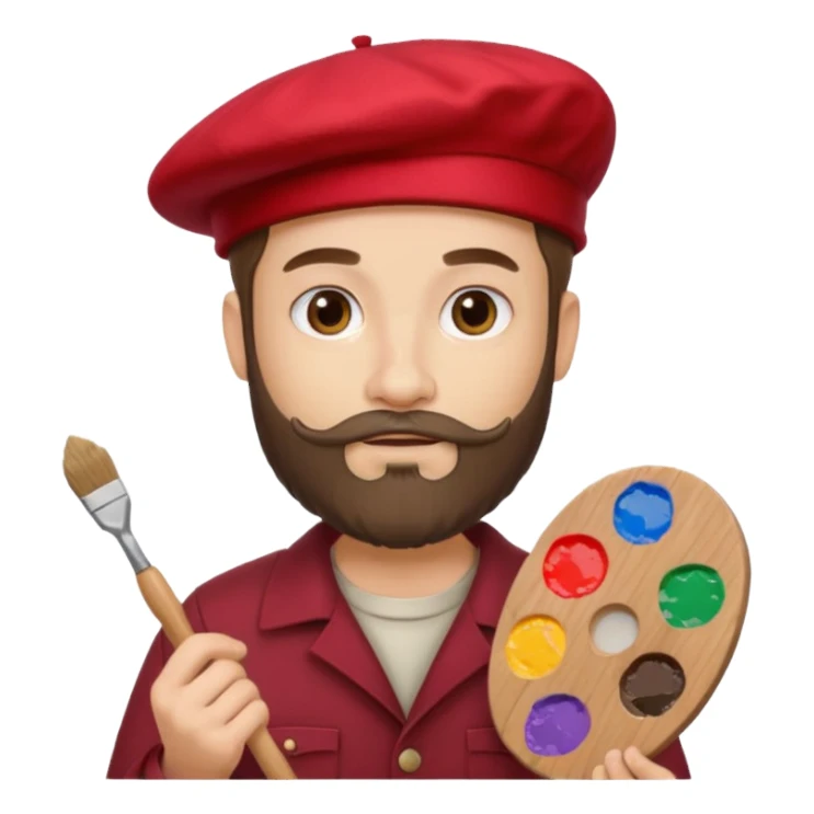 man artist with beard, wearing red beret and painter sticker