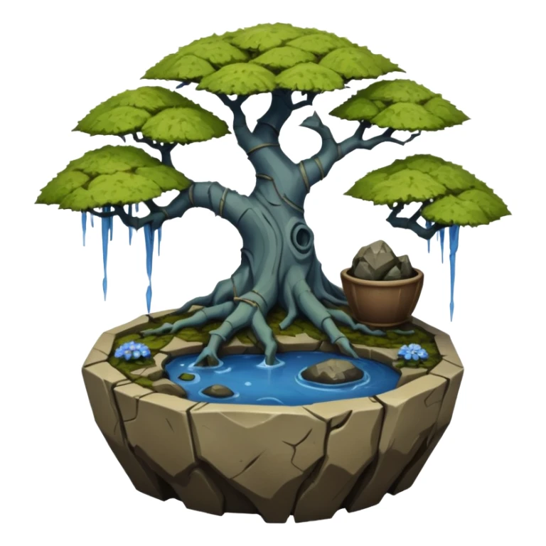 Bare haunted Alien landscape mudman very old broken cracked intricate Stone Age rocky-crusted irregular dodecagon-shaped shallow dark moss rough bark blue weeping willow flowered maple tree bonsai pot sticker