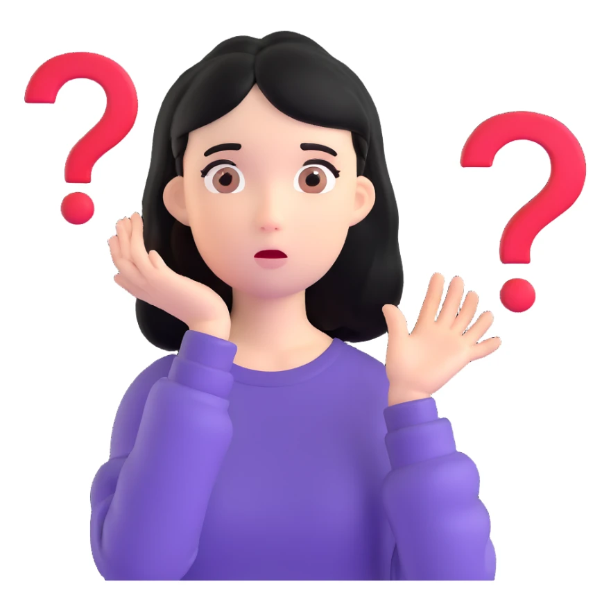 black-haired girl with a confused face, large question marks beside her sticker