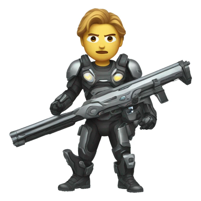 a mechanically augmented action hero with a futuristic shotgun sticker