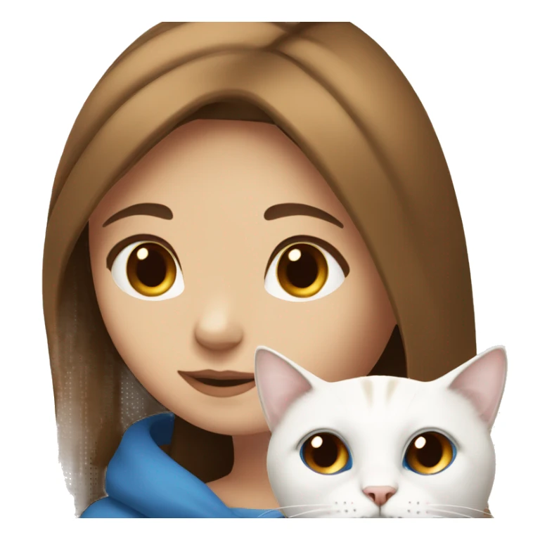 A brown-eyed and brown-haired girl keeps a white cat with blue eyes sticker