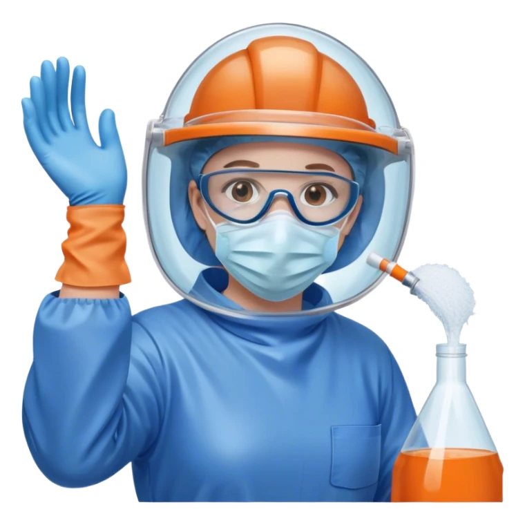 A meticulous cleanroom worker dressed in full protective gear, including a blue sterile suit, a face mask,  and orange gloves.  cleaning glasses with a wipe in one Hand sticker