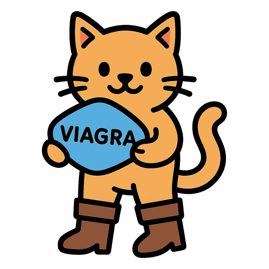 a cat in boots standing on its hind legs and holding a Viagra pill in its front paws sticker