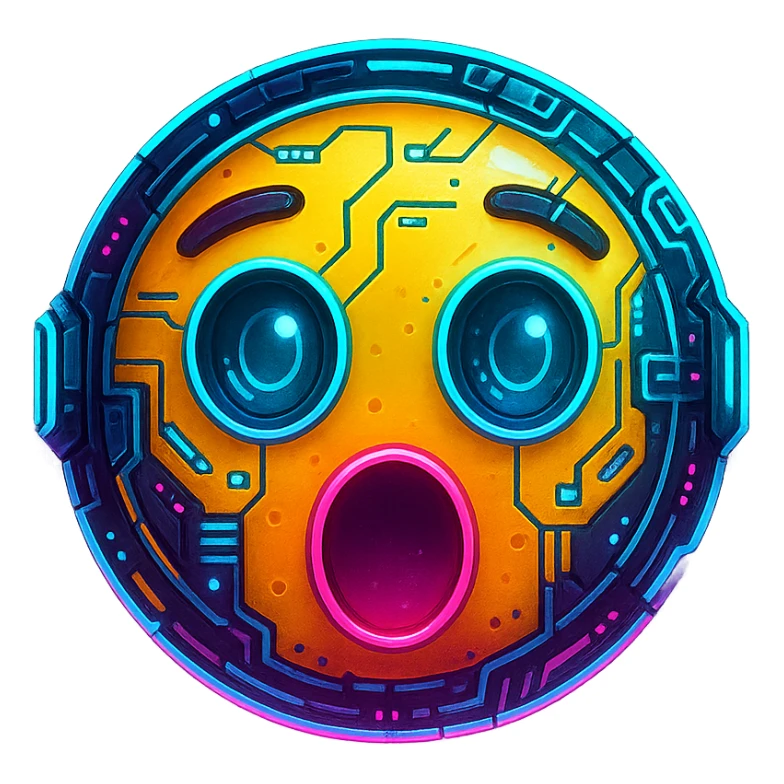 cyberpunk style emoji face with a surprised expression, neon colors, futuristic details sticker