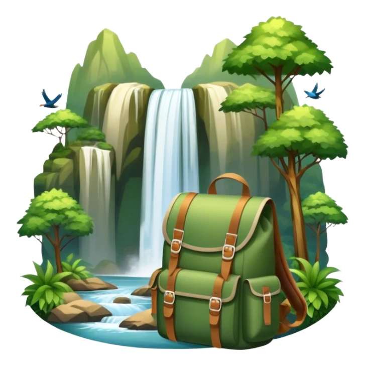 Icon for Ecotourism: lightweight hiking backpack and a scenic landscape with lush green forests, a waterfall, and wildlife, such as birds or animals in background. Transparent background. sticker