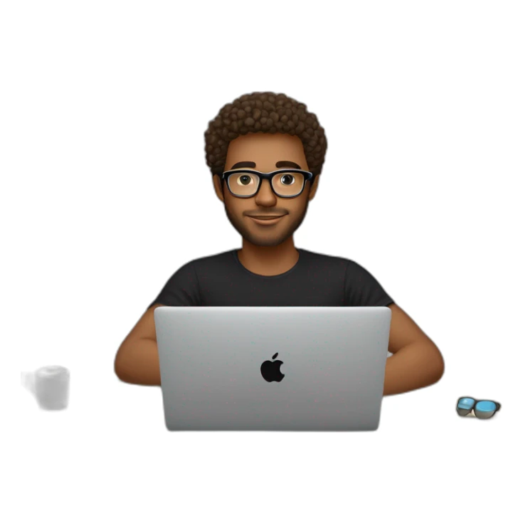 Young man with a short beard and short curly hair, slightly tanned, wearing a black tshirt and transparent oval glasses, wearing an apple watch and working on a macbook pro sticker