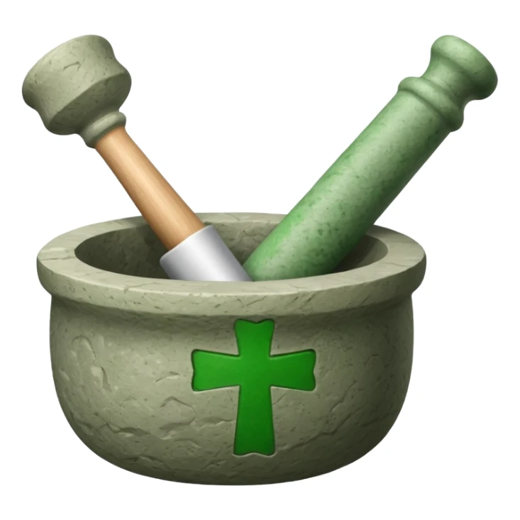 mortar with pestle, with green cross on mortar sticker