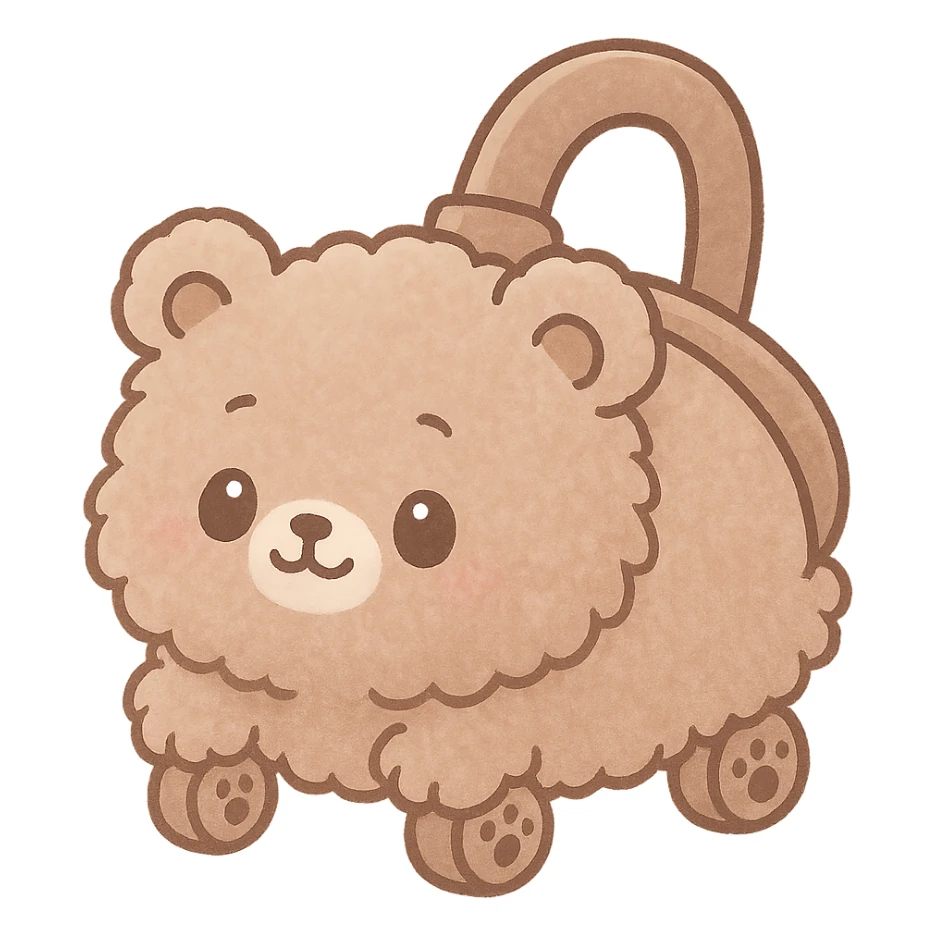 kawaii chibi style fluffy vacuum cleaner bear rolling adorably with tiny paw wheels, soft brown pastel, full-body sticker