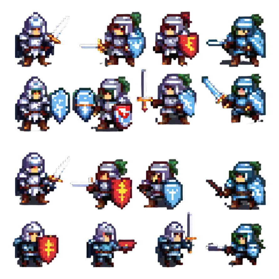 pixel art sprite sheet of a knight attacking and defending animation frames 8-bit NES style sticker