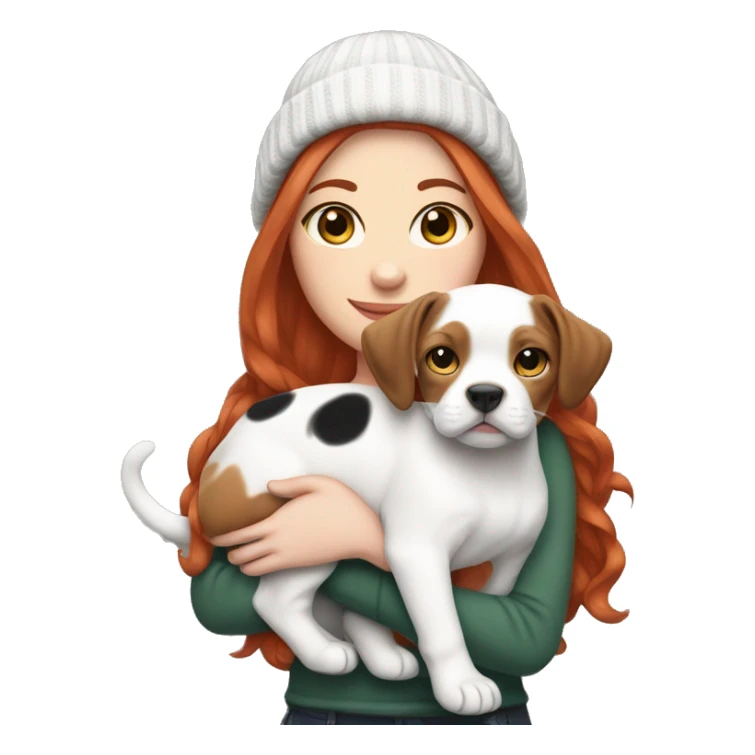 Long Red haired white woman in beanie with holding both a black and white English Staffordshire puppy and tabby cat sticker