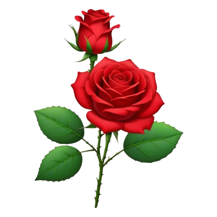 Generate a high-quality image of a single rose flower with stem and leaves, with very small and subtle thorns, realistic color and shading, smooth gradient colors, no human figures, no facial features, no brand markings, simple white background, high-resolution.

 sticker
