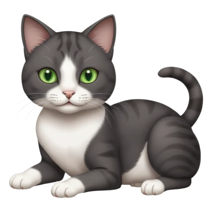 beautiful female solid dark grey cat with green eyes, white toes/paws and white patch on her chest rolling over sticker