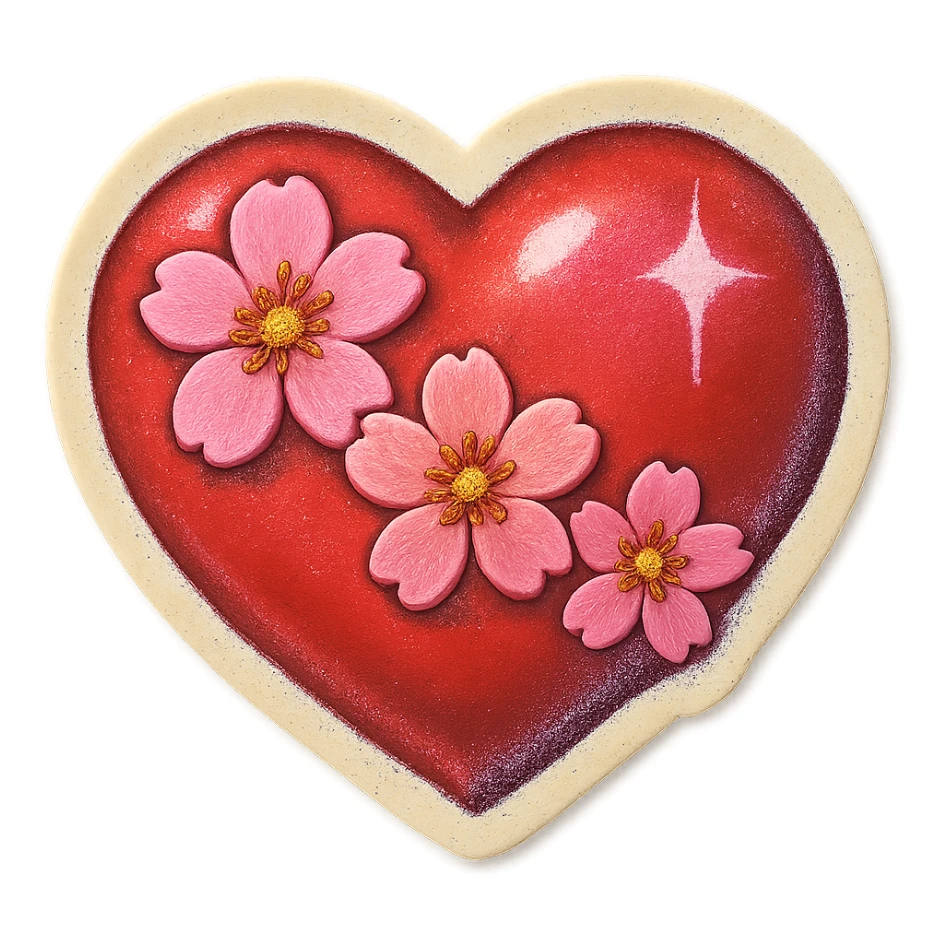heart with sakura flowers and pink shimmer, retro stickers style sticker