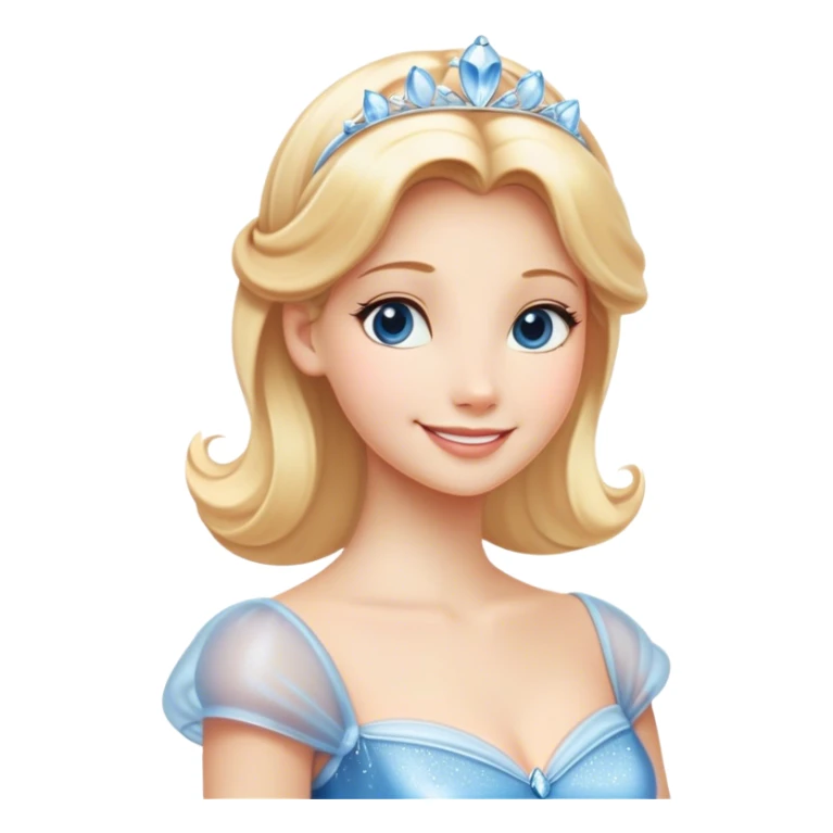 Cinematic Radiant Cinderella Portrait Emoji, rendered in a clean vector-style with bold proportions. Show Cinderella with a warm, serene smile, fair skin, and lustrous blonde hair, wearing a simple yet elegant dress that shimmers with gentle light. The image glows with an inviting, soft radiance and high shine, embodying timeless beauty. sticker