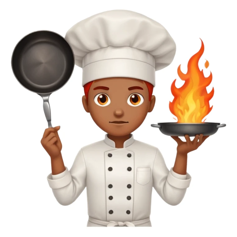 determined chef with fiery eyes, holding two crossed cooking pans defensively across chest sticker