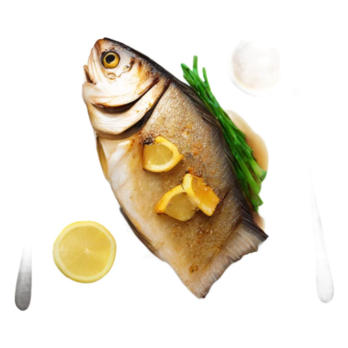 grilled fish small 3 fillet with brown butter sauce on white plate sticker