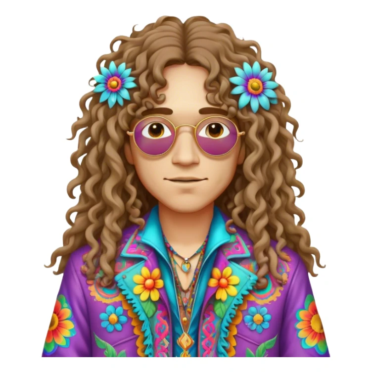 Create a 3D ultra detailed psychedelic colored hippie style flower border with a gorgeous hippie in the center with long curly hair and a fringed jacket sticker