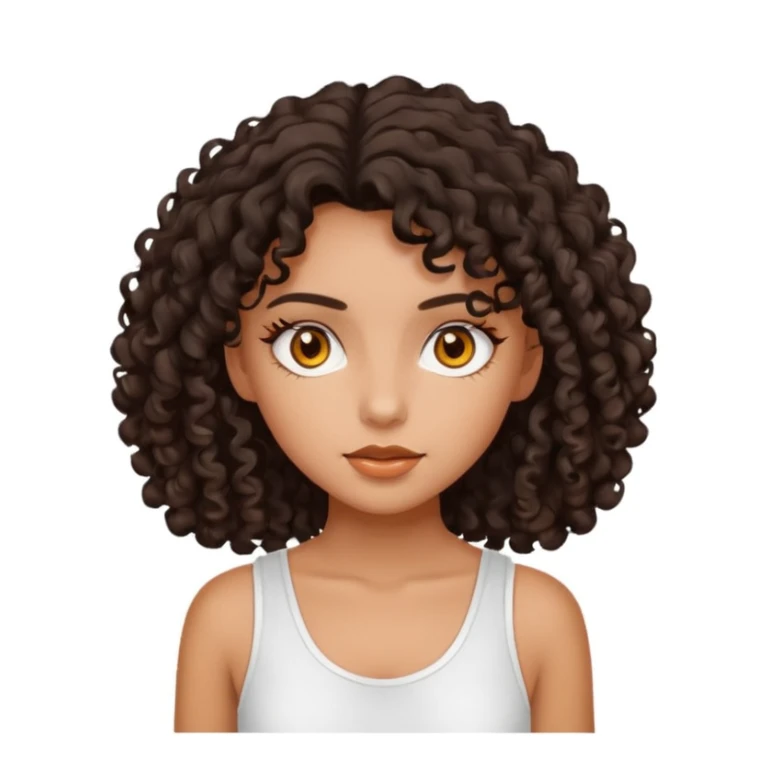 Ragazza con capelli mori e ricci, pelle abbronzata, occhi color ambra e con un outfit estivo bianco sticker