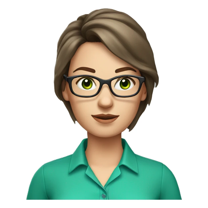 Female coding teacher with brunette hair, green eyes, fair skin, teal eye glasses and a pink shirt sticker