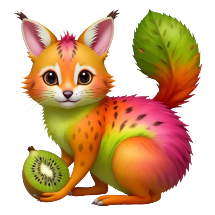 Hyper realistic  tropical-fruit-splash-colored fur of kiwi-green-lime-green-gradients, papaya-orange, and dragonfruit-pink chaos beautiful elegant pretty precious cute  Fakémon-Pokémon-opossum-feline-serval-caracal-chinchilla-Furret-Minccino-hybrid-creature with a big fluffy bushy tail (full body) sticker