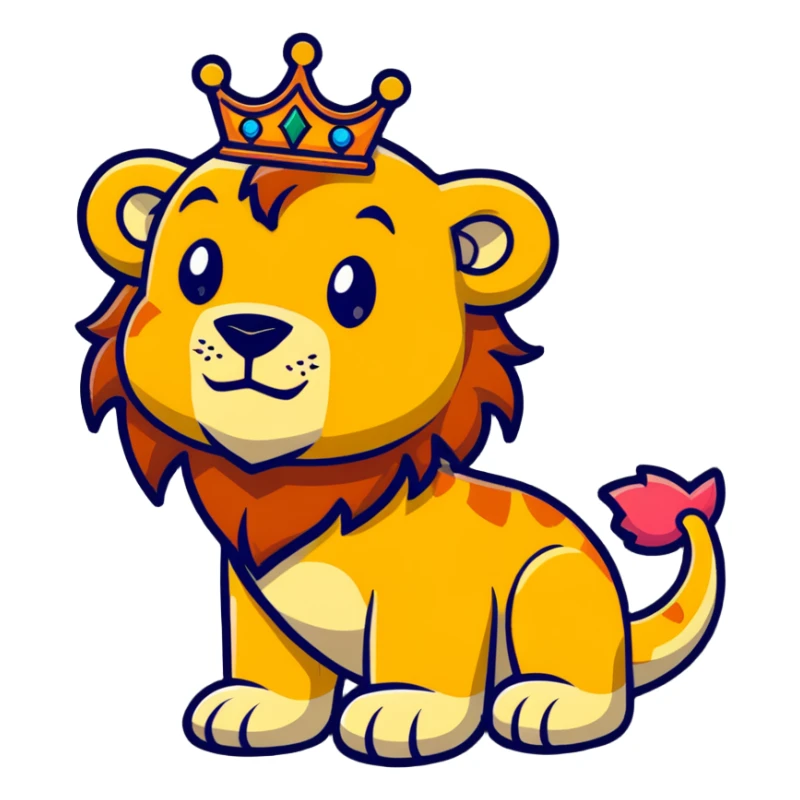 A majestic lion king with a crown facing a colorful dinosaur sticker