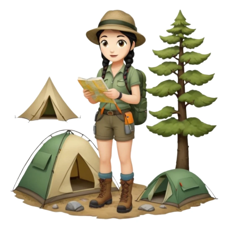 A braid black hair backpacking woman checking her map with curious eyes while walking wear camping hat and dirt covered boots full body sticker