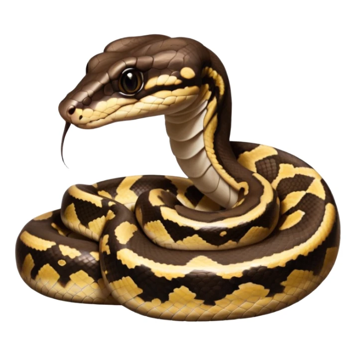 A photo-realistic digital illustration of a Ball Python, large headshot portrait. The snake has a short, rounded snout, smooth contours, and a calm, curious expression. Its head is warm brown with bold, irregular dark markings, including the signature “alien-head” pattern.  sticker