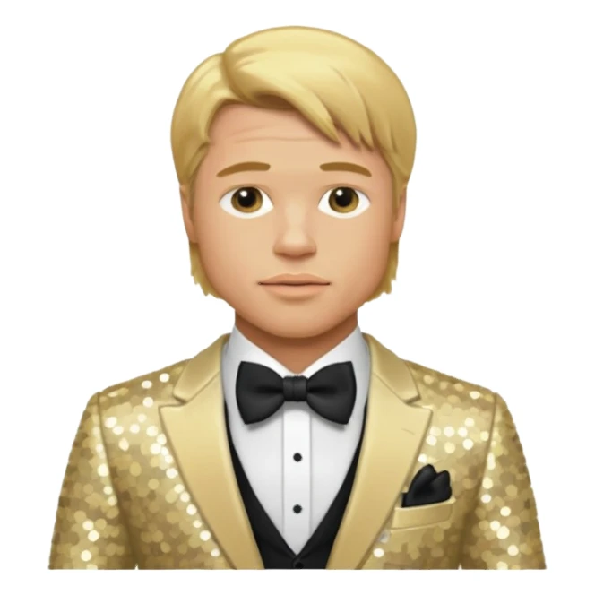Brad Pitt with golden blonde hair, cream sequin suit with bow tie sticker